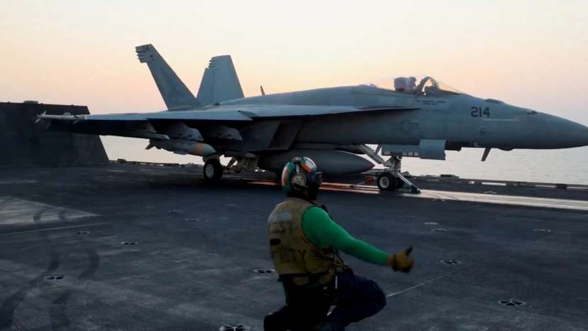 A fighter plane takes off, said to be, for an operation against the Yemen's Houthis