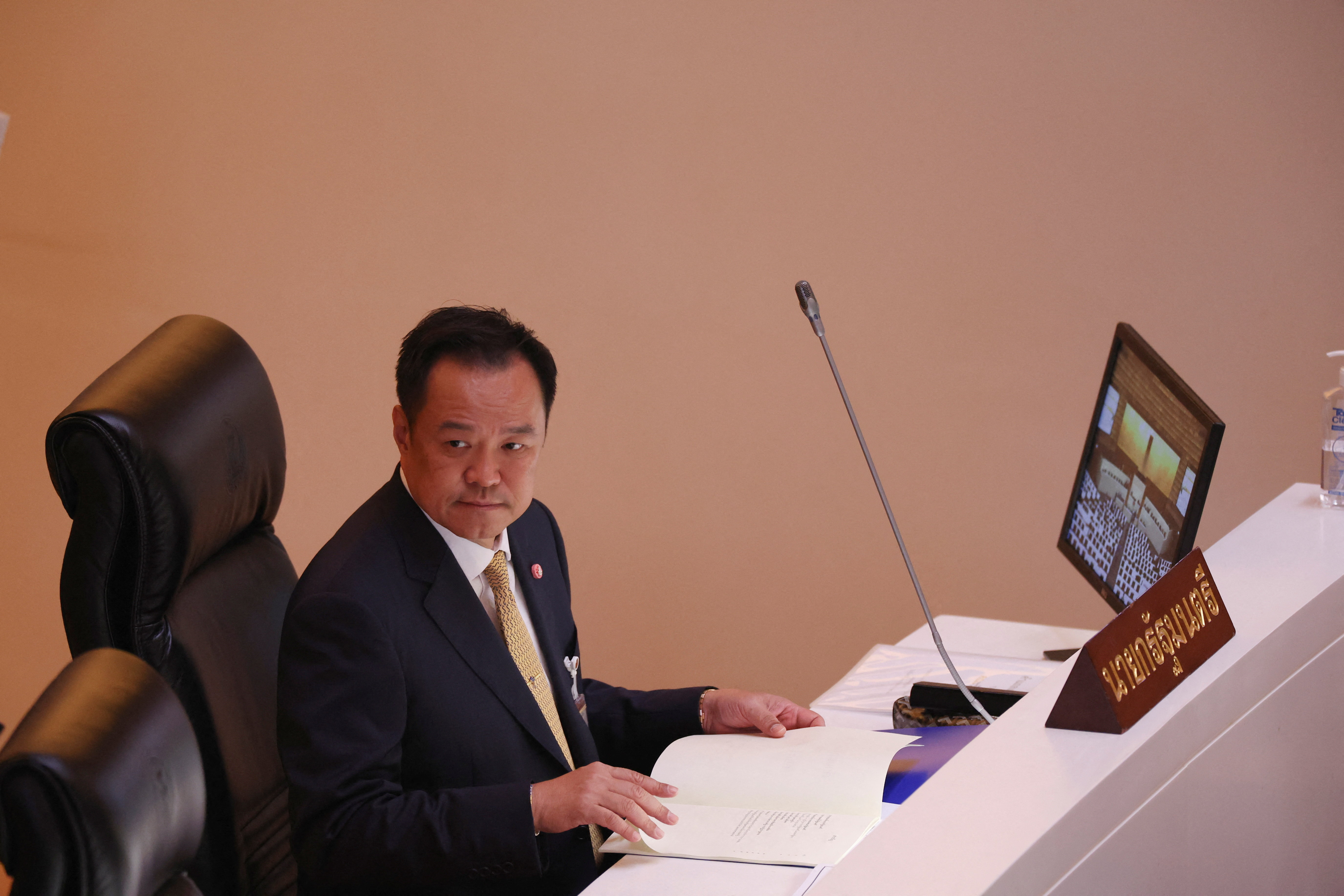 Thai PM Anutin announces his government's policies to the parliament, in Bangkok
