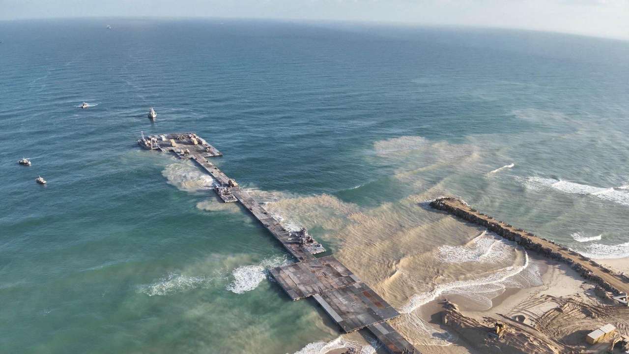 A temporary floating pier built to receive humanitarian aid in the Gaza Strip