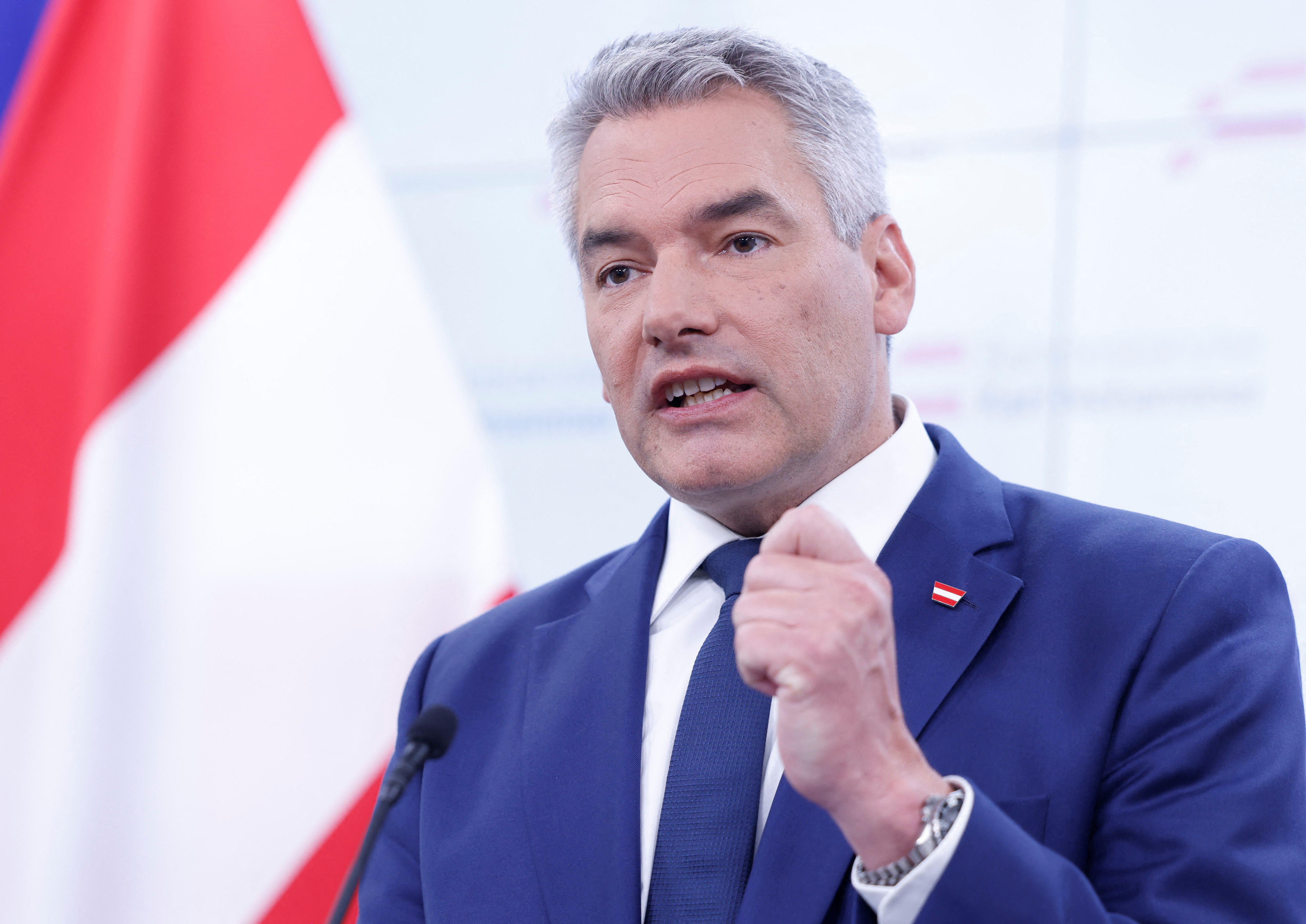 Austrian Chancellor and head of Peoples Party Karl Nehammer addresses the media in Vienna