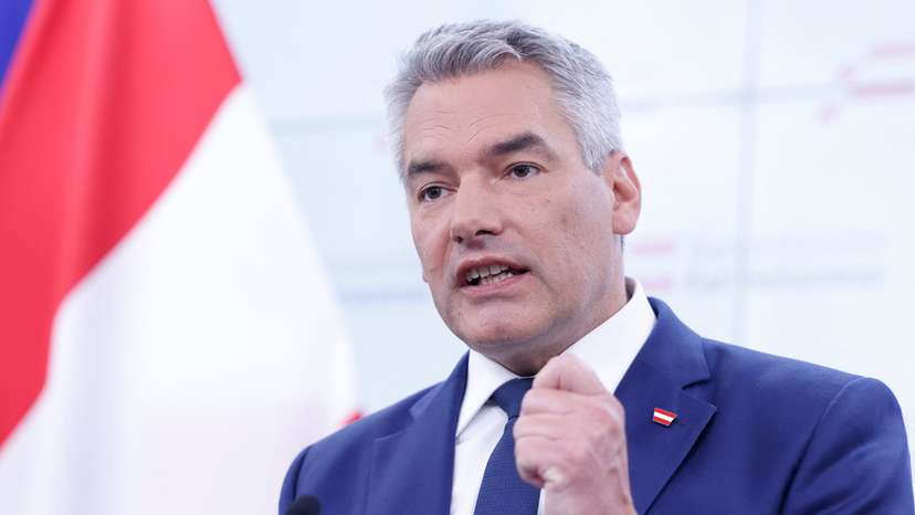 Austrian Chancellor and head of Peoples Party Karl Nehammer addresses the media in Vienna