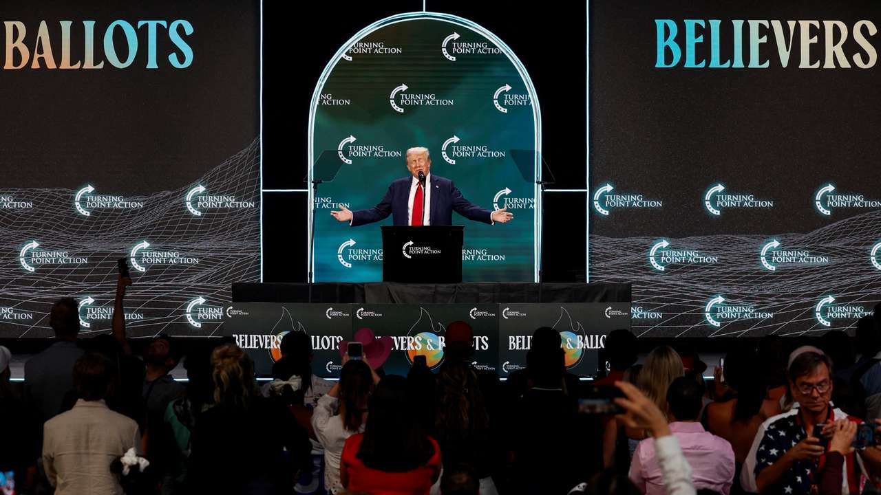 Republican presidential nominee and former U.S. President Donald Trump attends The Believers Summit 2024 in West Palm Beach