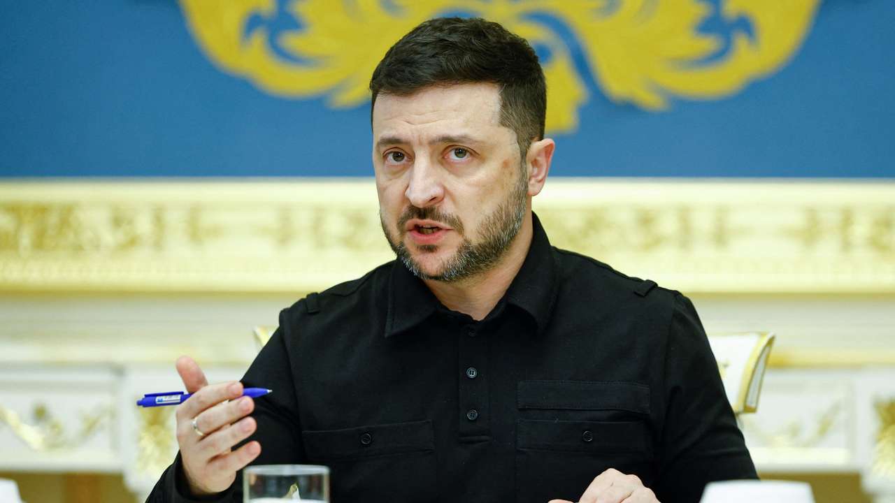 Ukraine's President Zelenskiy speaks during a meeting with the media in Kyiv