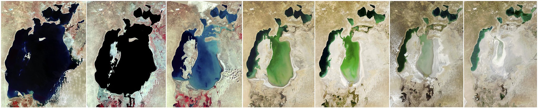 Satellite images reveal the shrinking of the Aral Sea over several decades. 