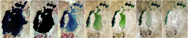 Satellite images reveal the shrinking of the Aral Sea over several decades.