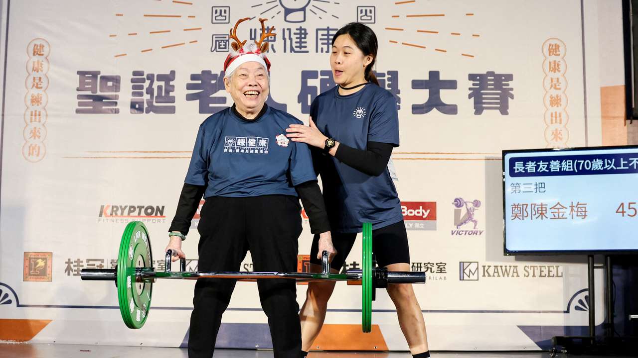Cheng Chen Chin-Mei, 90, lifts 45kg as she breaks her personal record at a weightlifting competition in Taipei