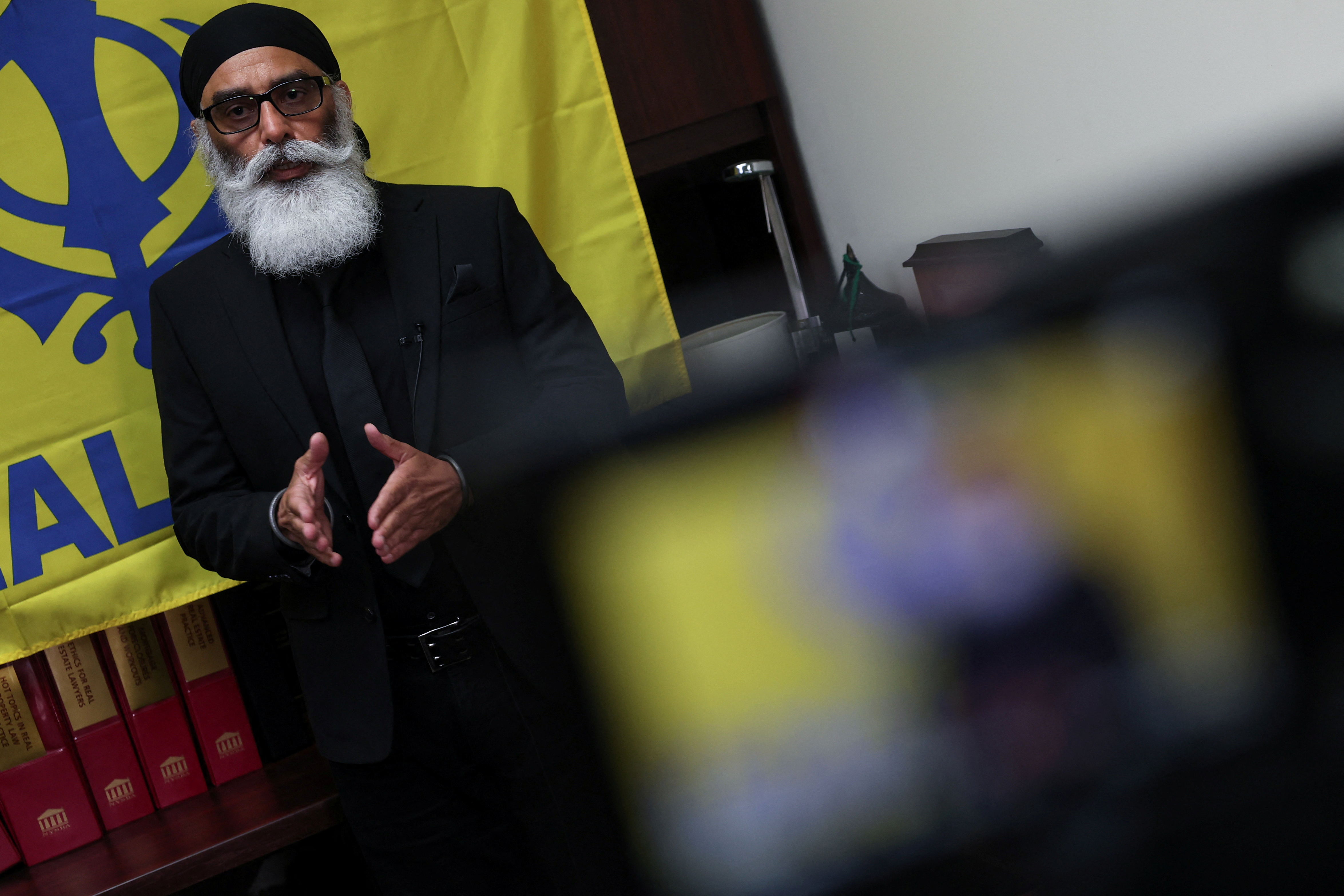 Gurpatwant Singh Pannun, a 56-year-old dual U.S.-Canadian citizen, speaks during an interview in New York City