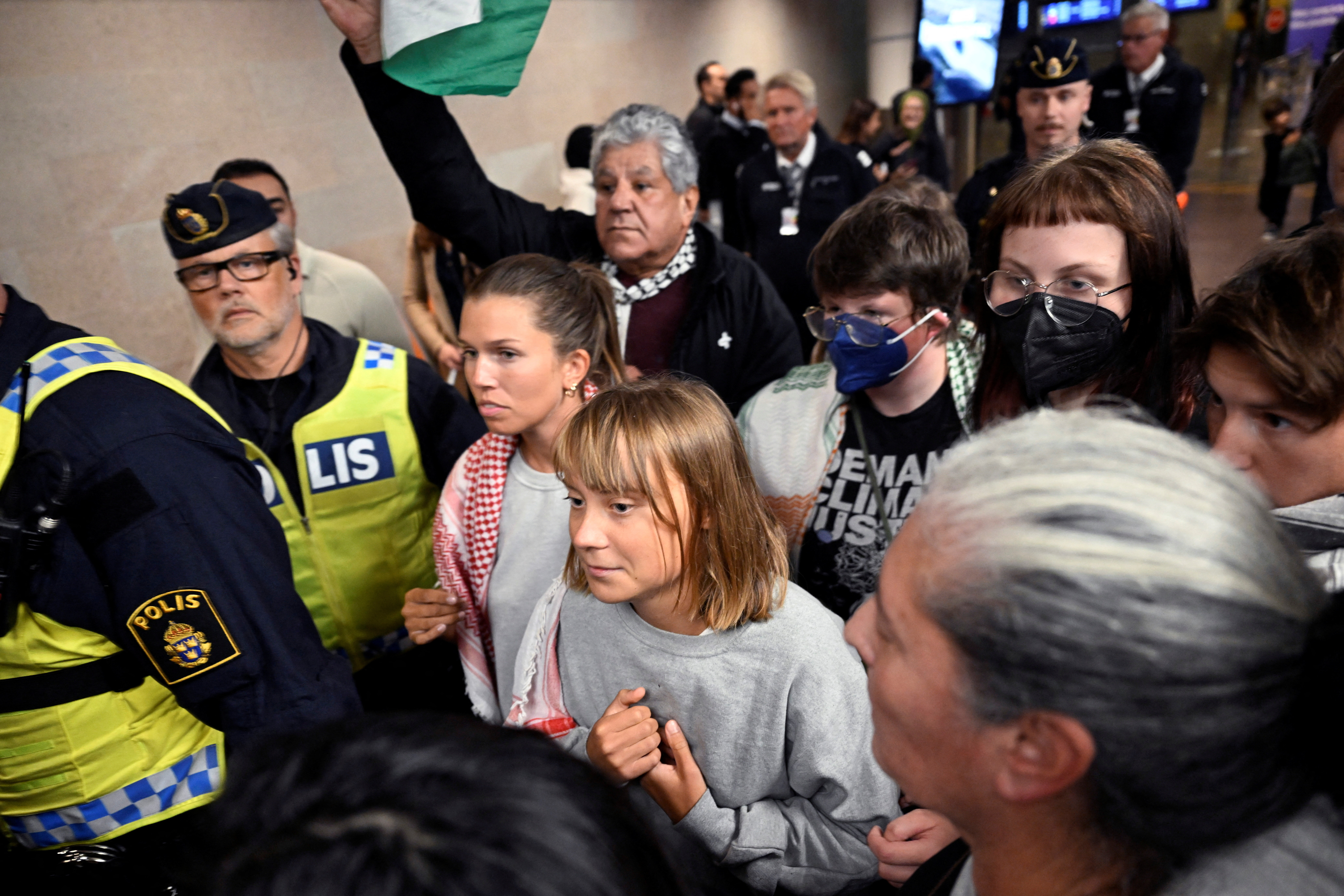 Greta Thunberg and other activists from the Global Sumud Flotilla arrive at Arlanda Airport, in Stockholm