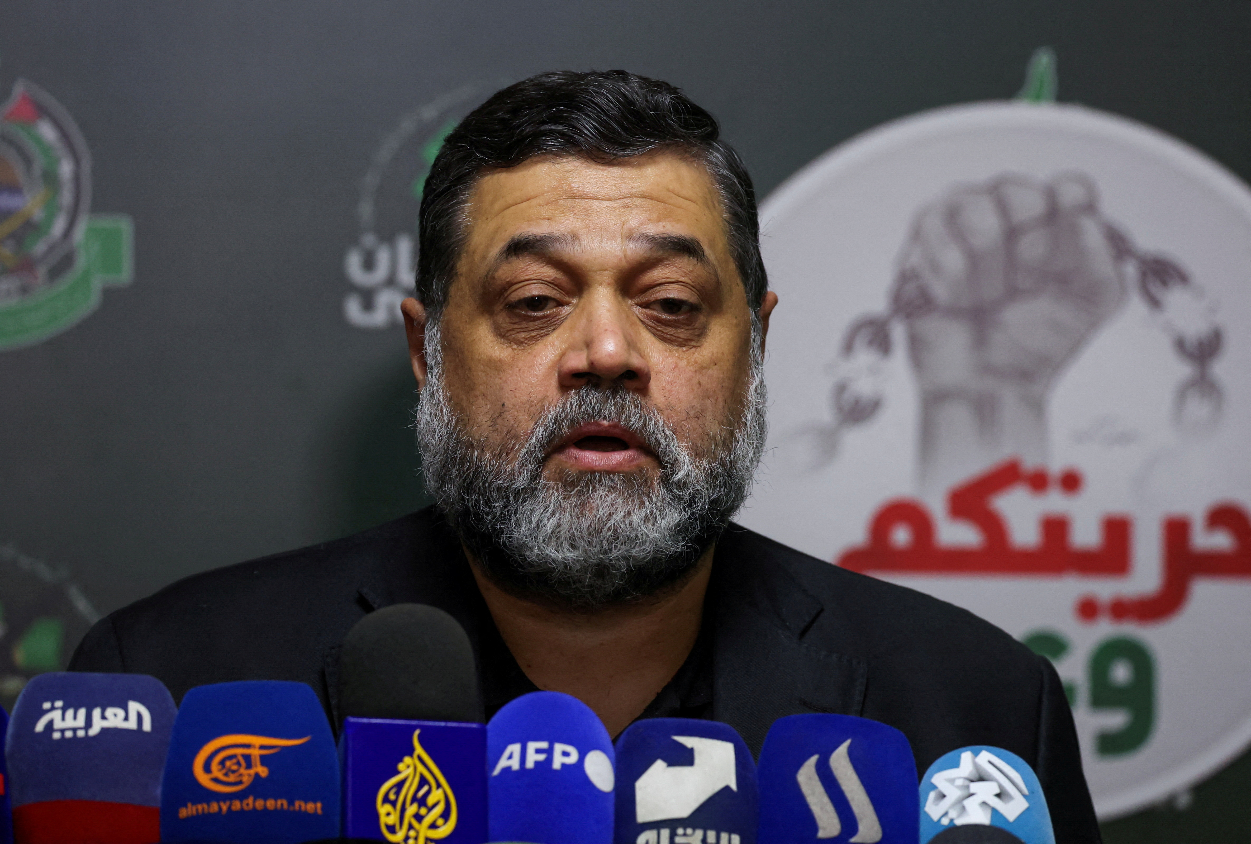FILE PHOTO: Hamas official Hamdan speaks during a press conference, amid the ongoing conflict between Israel and Hamas, in Beirut