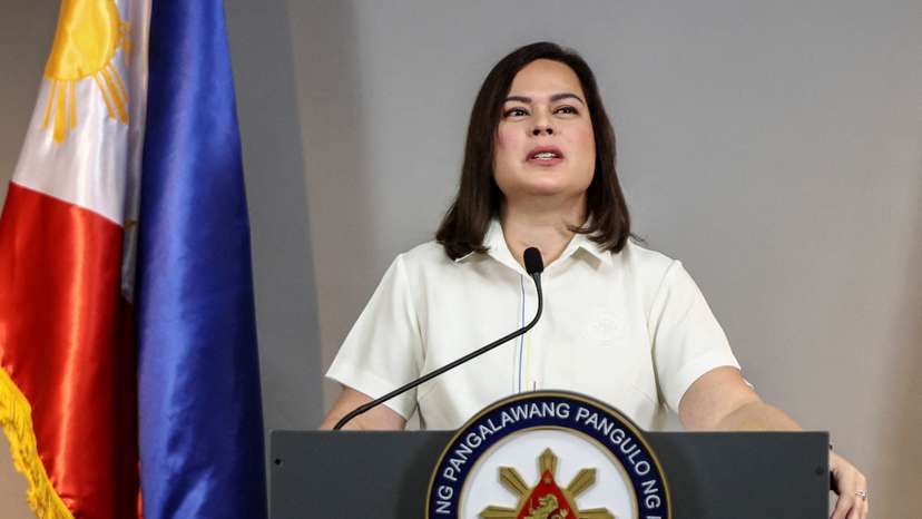 Philippine Vice President Sara Duterte delivers a statement following her impeachment by the lower house of the Congress