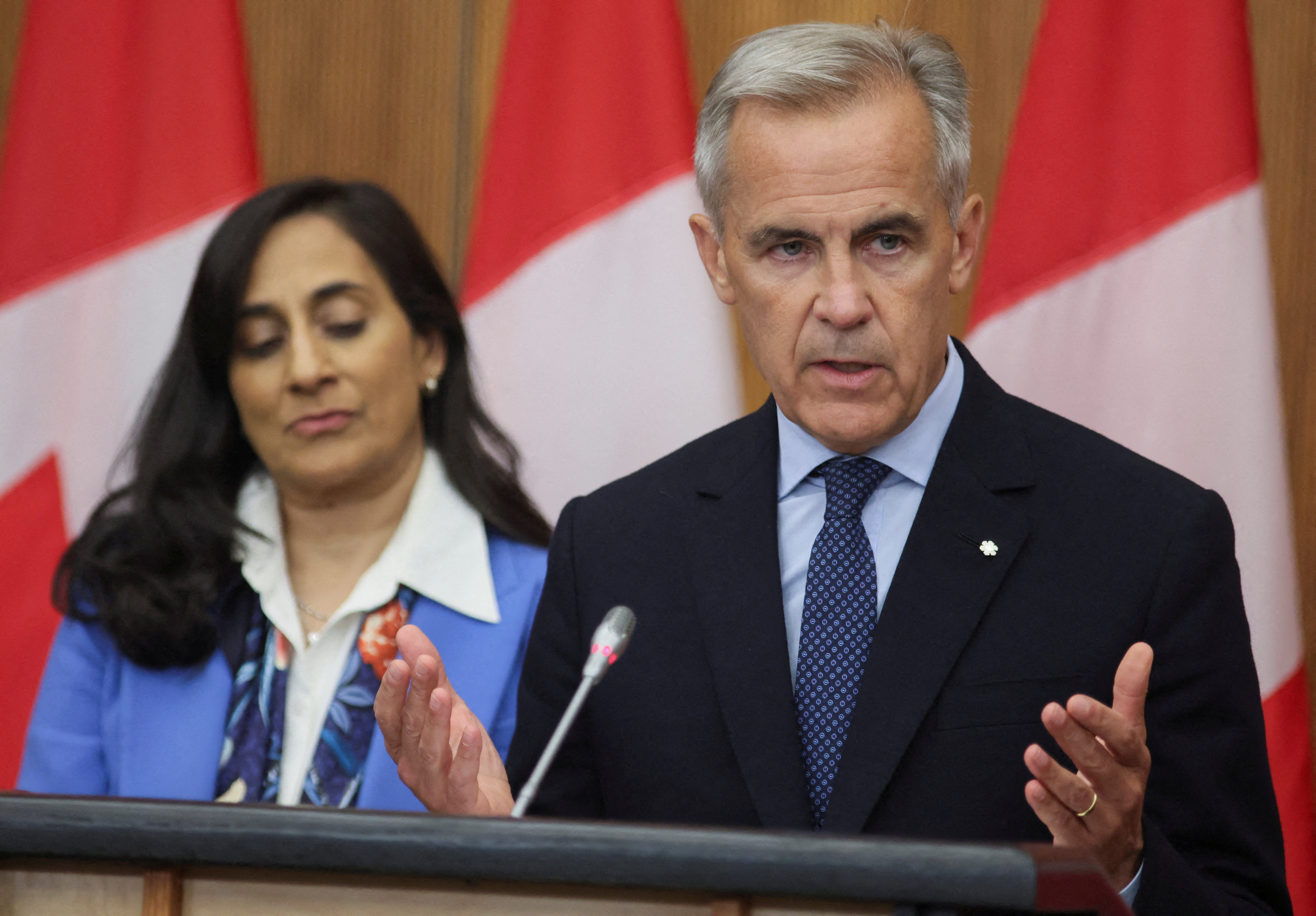 Canada's Prime Minister Mark Carney speaks at a press conference about recognizing Palestinian statehood, in Ottawa