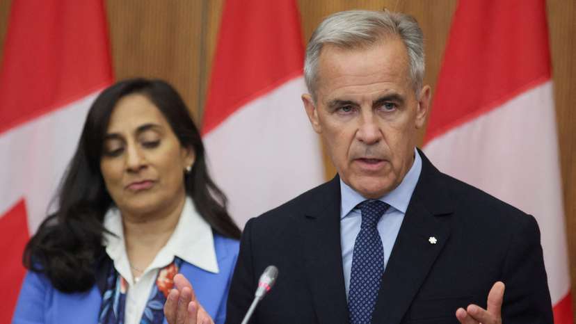 Canada's Prime Minister Mark Carney speaks at a press conference about recognizing Palestinian statehood, in Ottawa