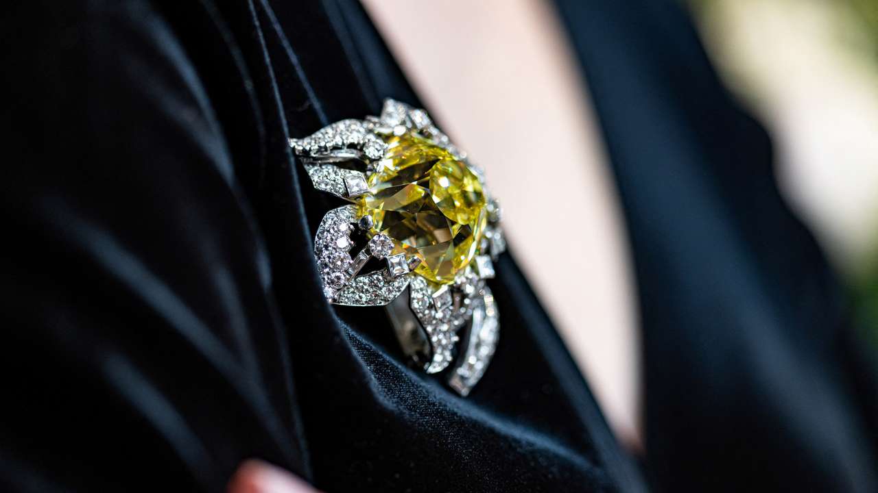 The Allnatt, a 101.29-carat yellow diamond is displayed ahead of auction in Geneva