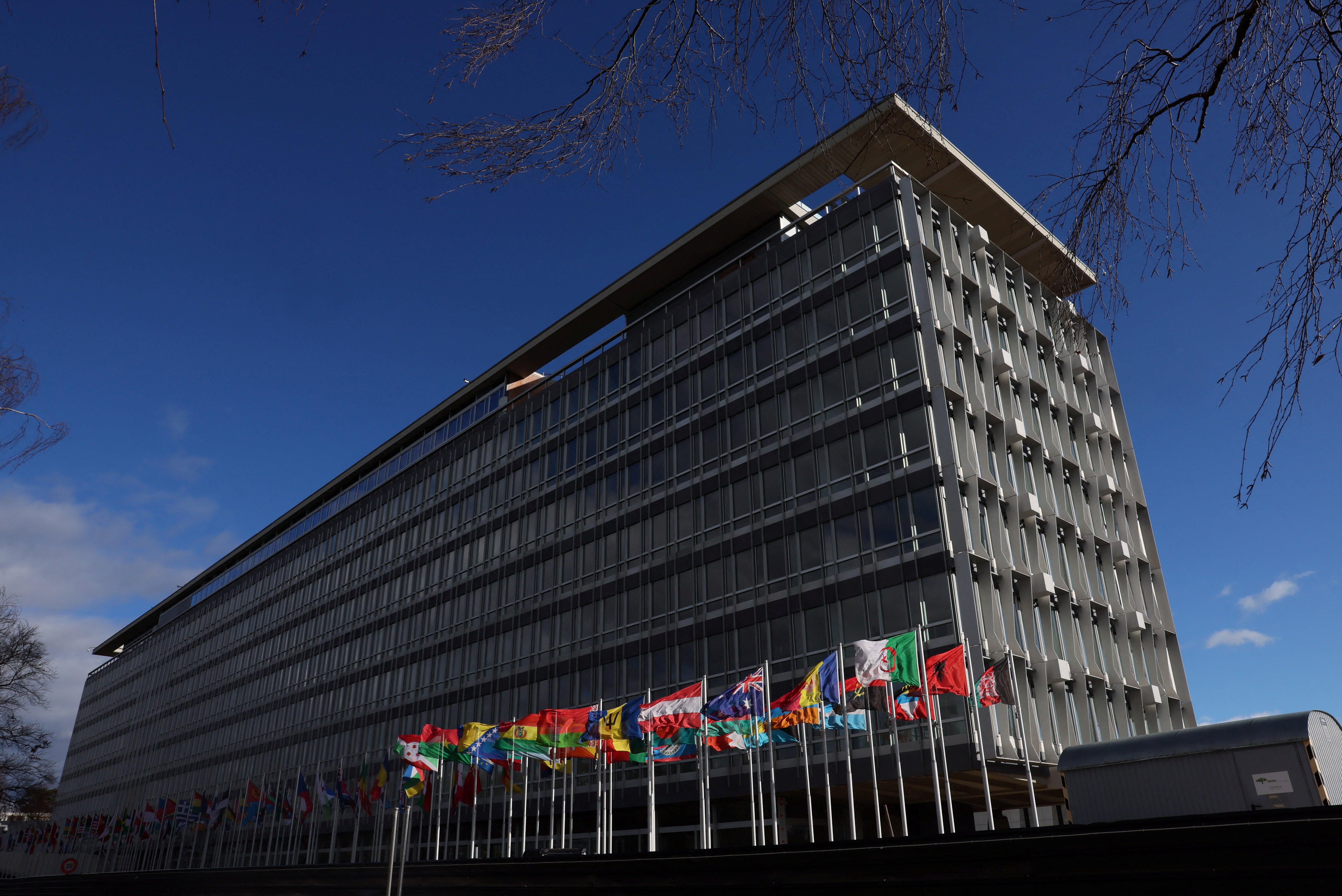 A view shows The World Health Organization (WHO) headquarters in Geneva