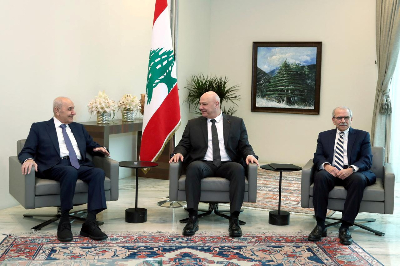 Lebanese Parliament Speaker Nabih Berri, President Aoun and Prime Minister-designate Salam meet in Baabda