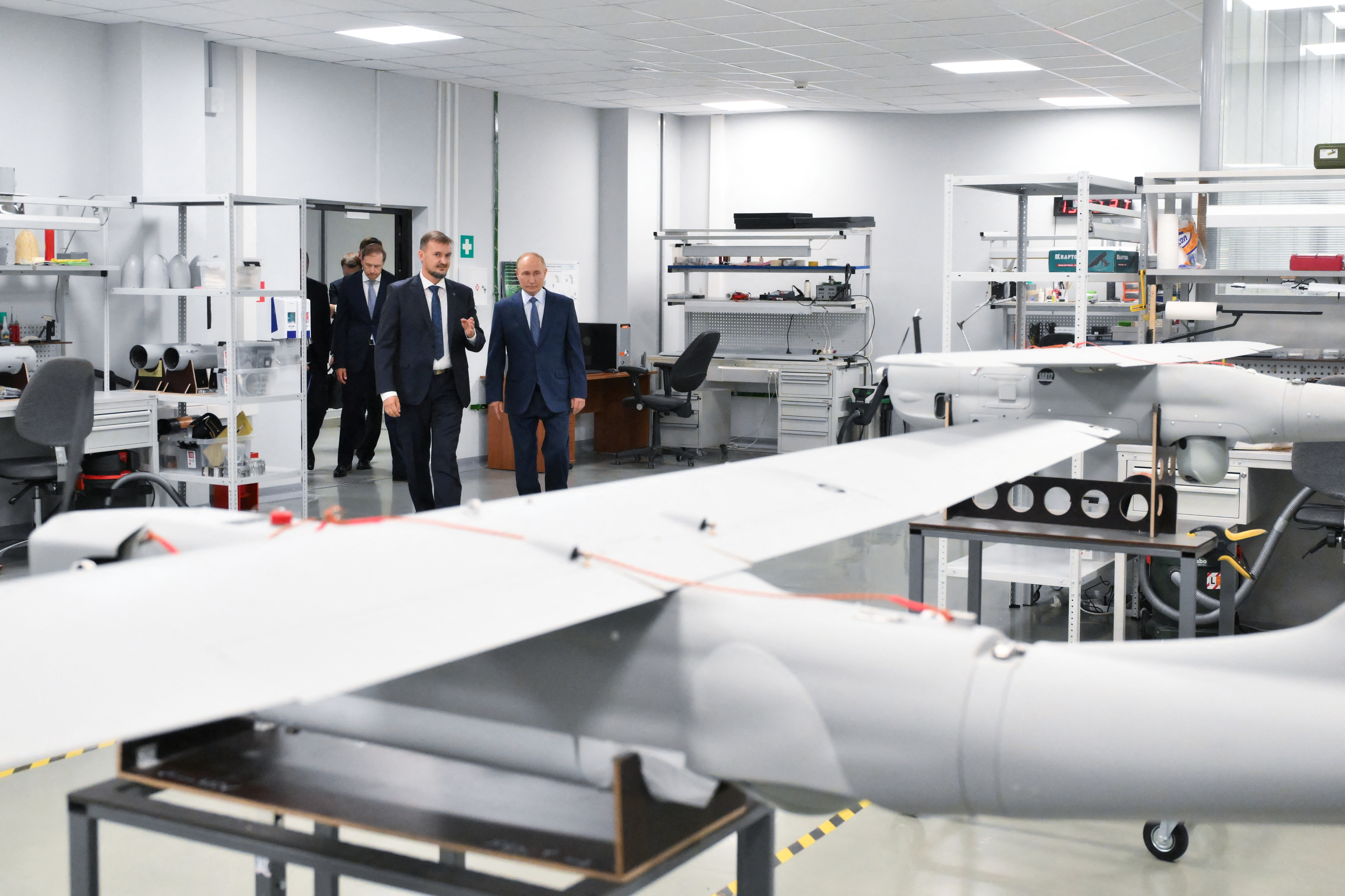 Russia's President Vladimir Putin visits a drone production facility in Saint Petersburg