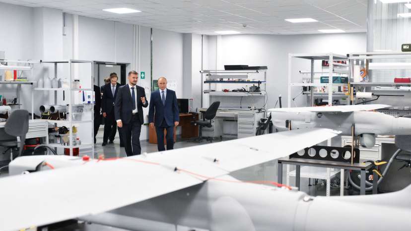 Russia's President Vladimir Putin visits a drone production facility in Saint Petersburg