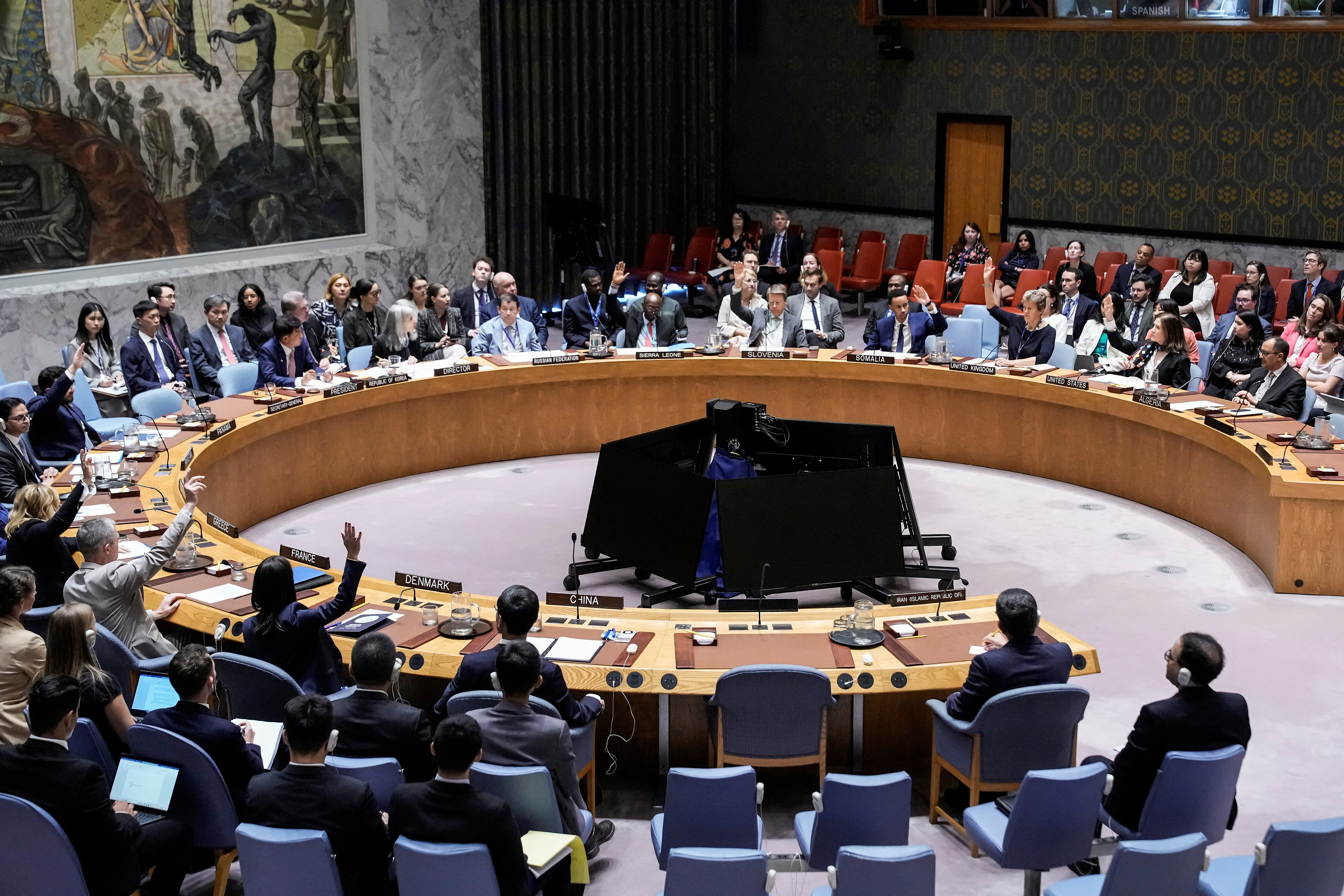 United Nations Security Council vote on a resolution by Russia and China to delay by six months the reimposition of sanctions on Iran during the 80th U.N. General Assembly in New York