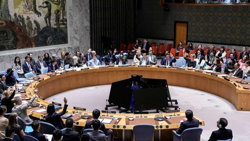 United Nations Security Council vote on a resolution by Russia and China to delay by six months the reimposition of sanctions on Iran during the 80th U.N. General Assembly in New York