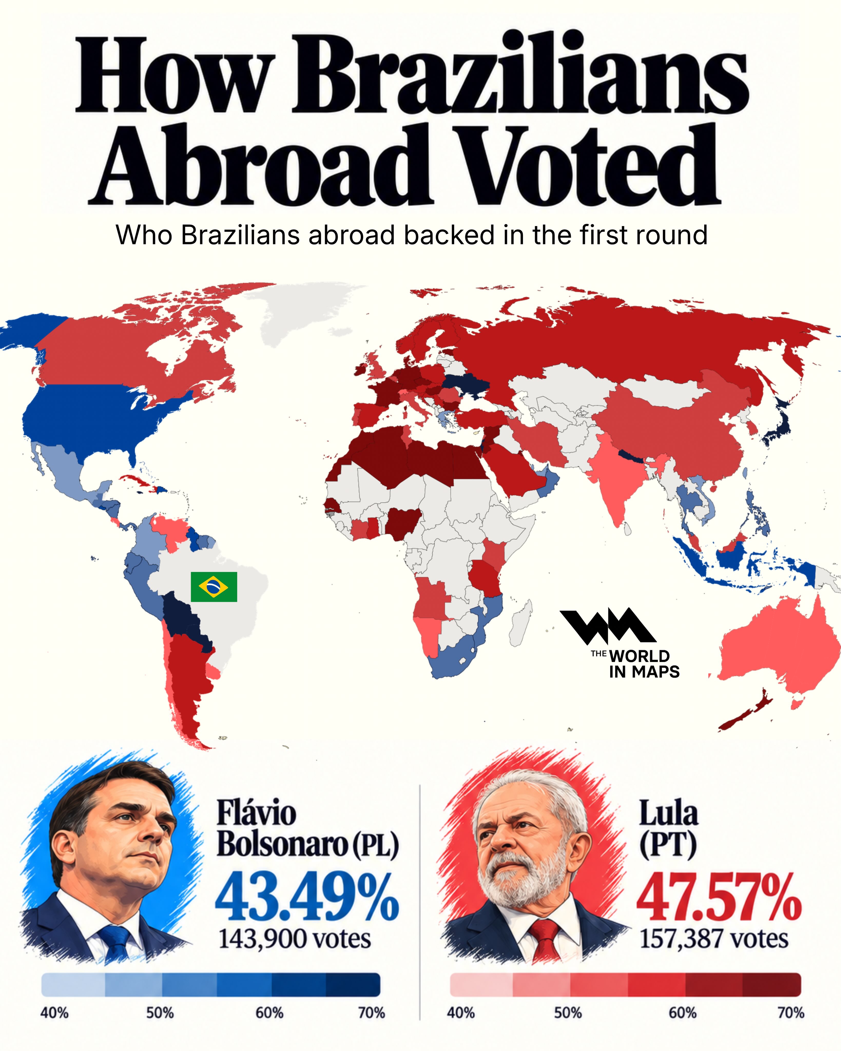 Brazil election map shows how voters abroad split between Lula and Bolsonaro