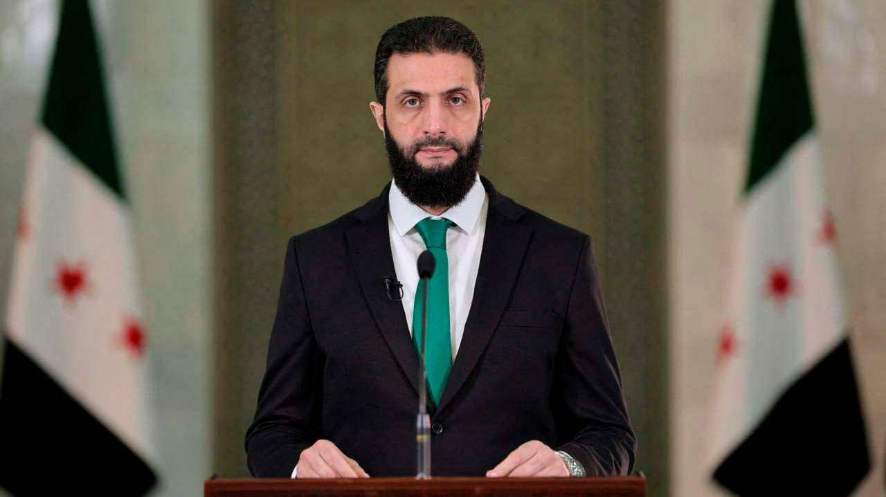 Syria's President Ahmed al-Sharaa delivers a speech at the Presidential Palace in Damascus