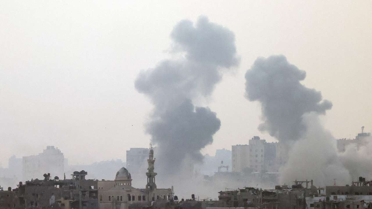 FILE PHOTO: Smoke is rising after an Israeli strike on Gaza seen from a viewpoint in Southern Israel