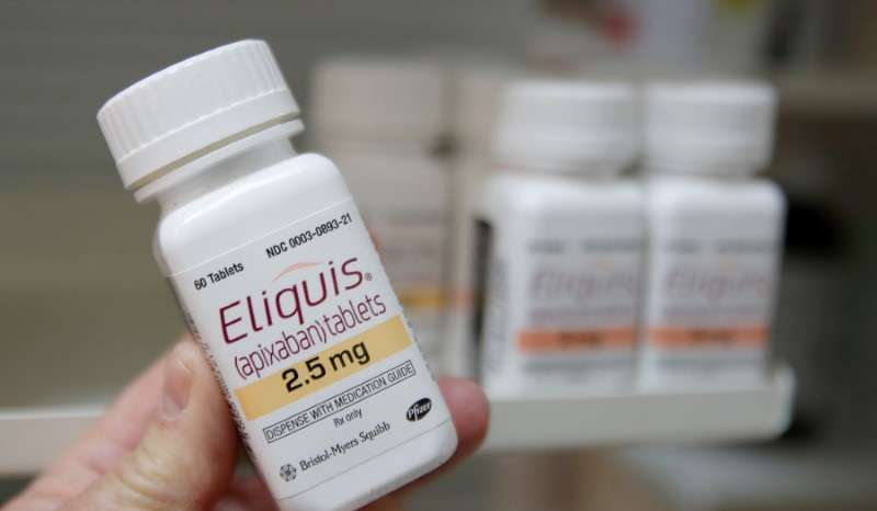 A pharmacist holds a bottle of the drug Eliquis, made by Pfizer Pharmaceuticals, at a pharmacy in Provo