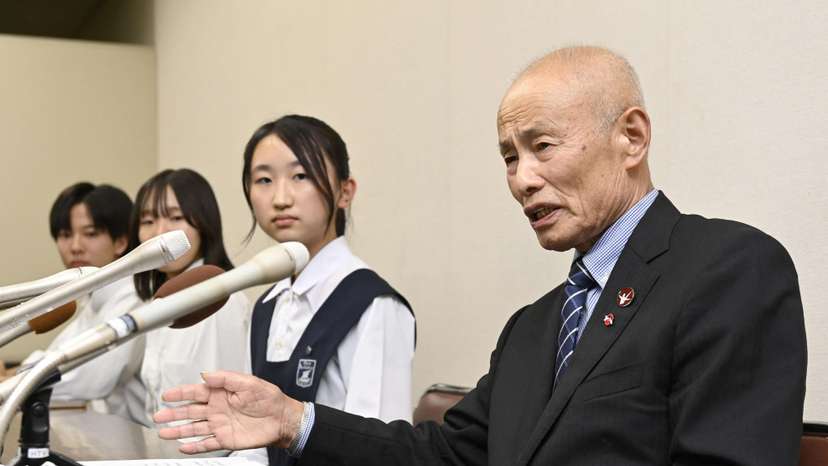Japan Confederation of A- and H-Bomb Sufferers Organizations (Nihon Hidankyo) co-chair Toshiyuki Mimaki attends a press conference in Hiroshima