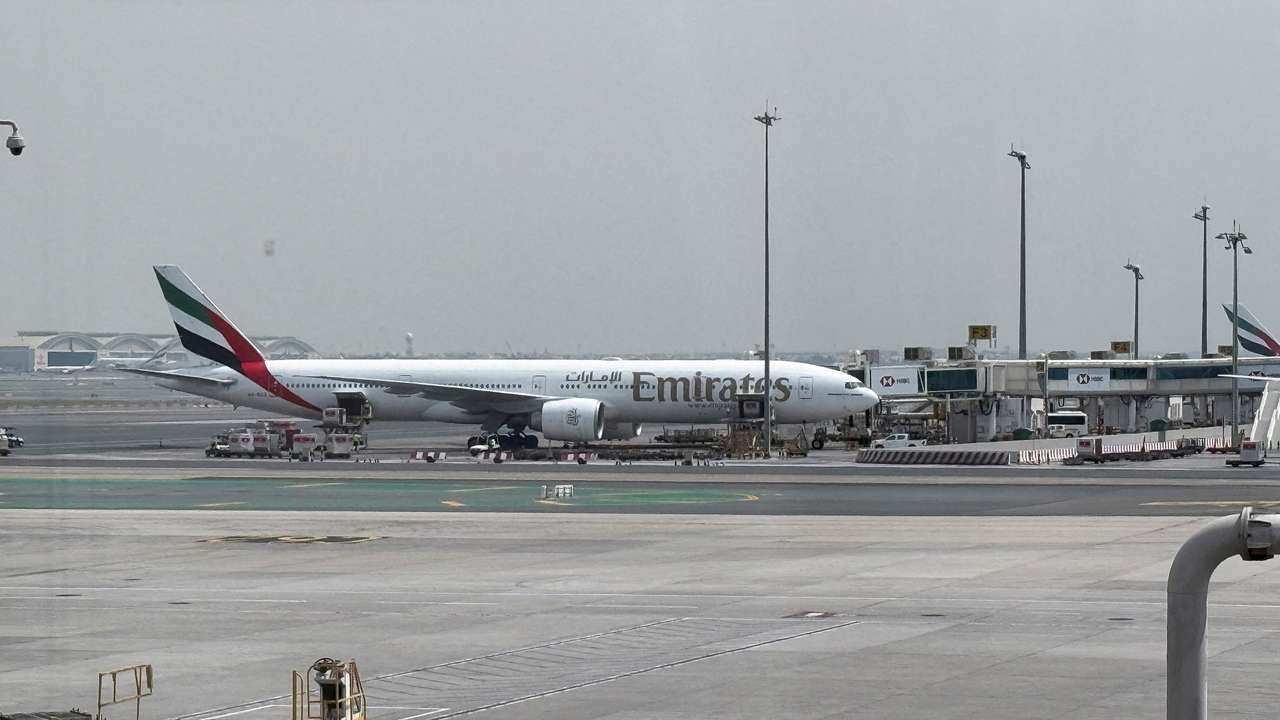 An Emirates airplane at Dubai International Airport, amid the U.S.-Israeli conflict with Iran, in Dubai