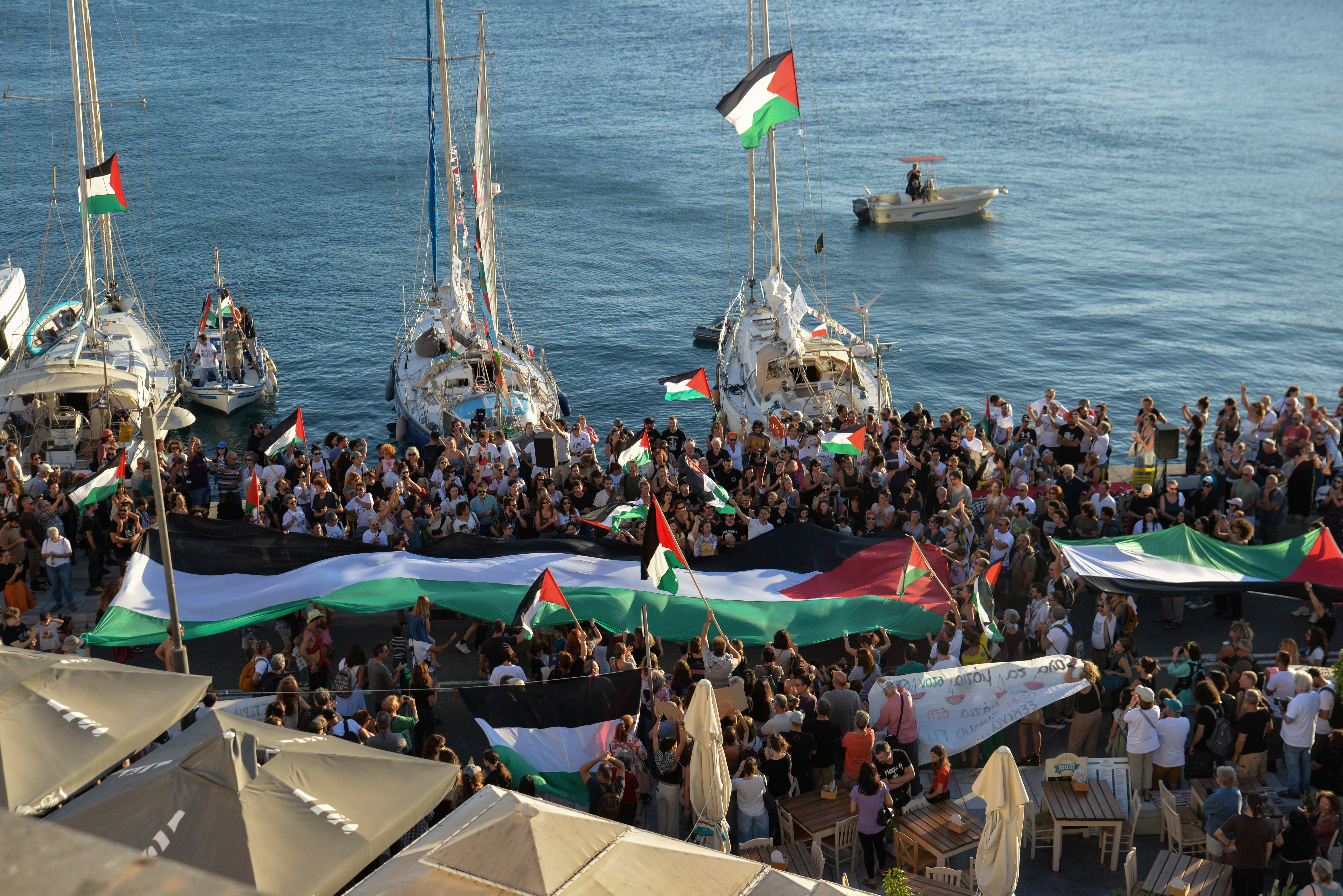 Two Global Sumud Flotilla boats depart Syros island, Greece, heading to Gaza