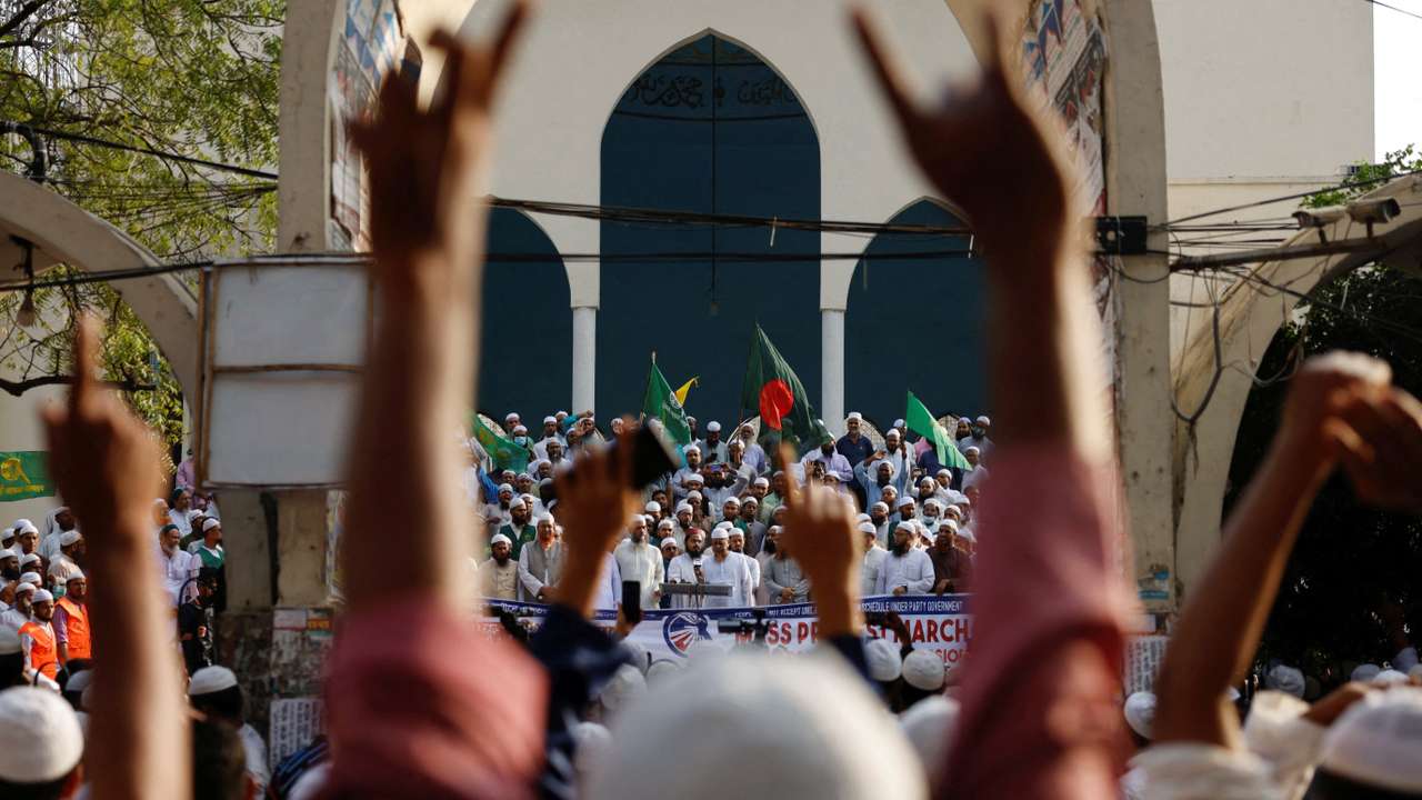 Islami Andolan Bangladesh, a political party, joins in a mass protest march towards the Election Commission, ahead of the election schedule declaration, in Dhaka