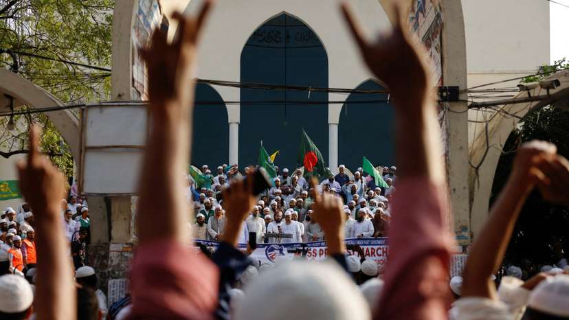 Islami Andolan Bangladesh, a political party, joins in a mass protest march towards the Election Commission, ahead of the election schedule declaration, in Dhaka