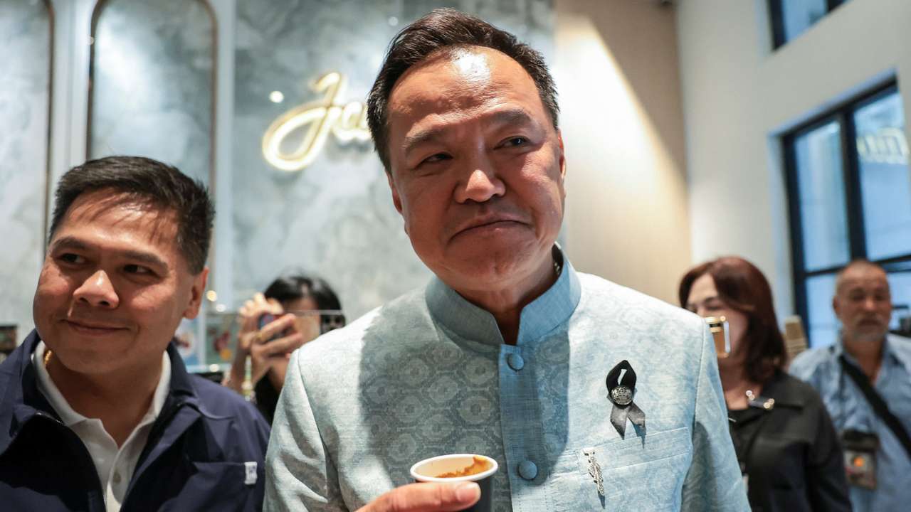 Thailand's caretaker PM Anutin Charnvirakul attends a meeting with Bhumjaithai Party members at party HQ in Bangkok