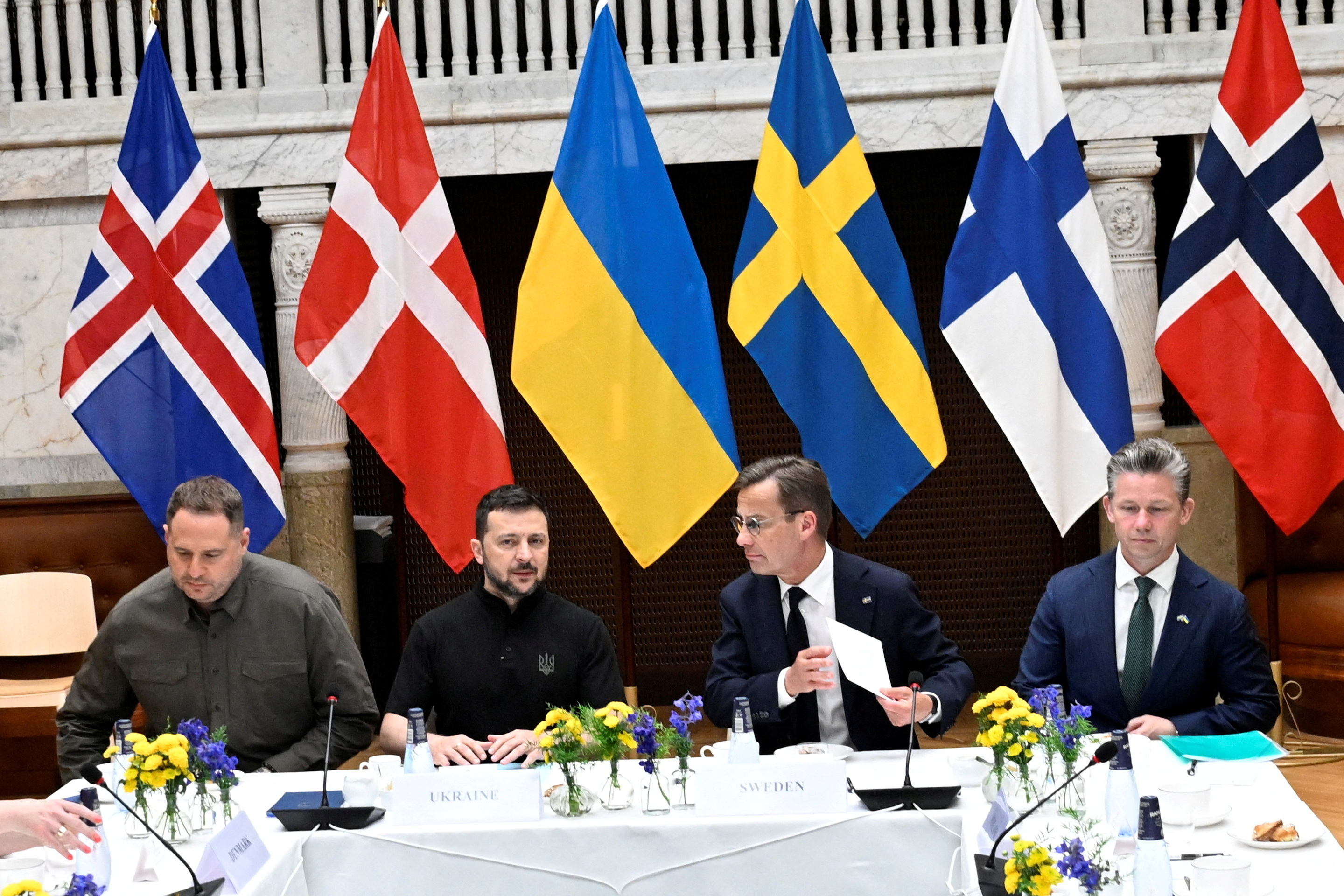 Ukrainian President Zelenskiy meets Swedish Prime Minister Ulf Kristersson during the Nordic Summit in Stockholm