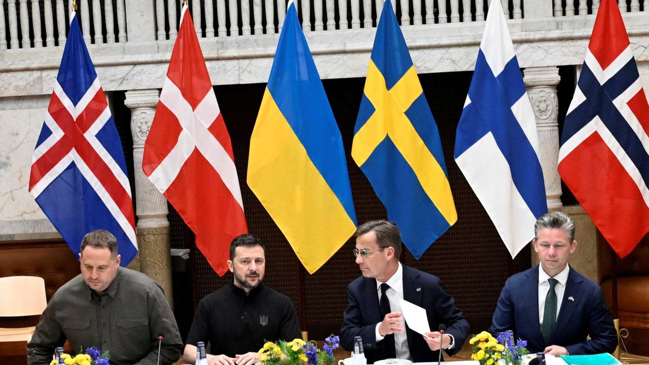 Ukrainian President Zelenskiy meets Swedish Prime Minister Ulf Kristersson during the Nordic Summit in Stockholm