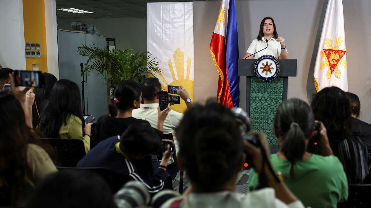 Philippine Vice President Sara Duterte delivers a statement following her impeachment by the lower house of the Congress