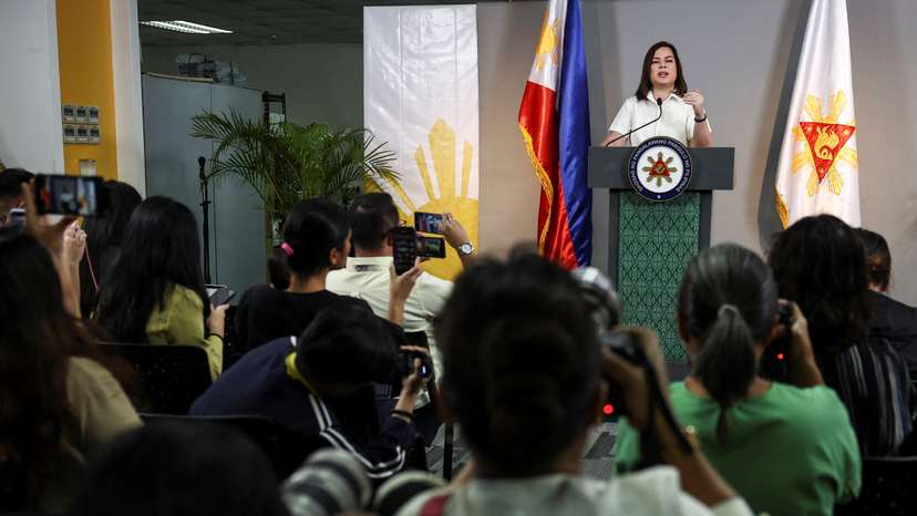 Philippine Vice President Sara Duterte delivers a statement following her impeachment by the lower house of the Congress