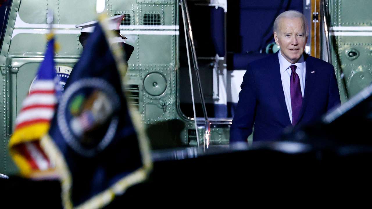 U.S. President Joe Biden disembarks from Marine One at Delaware Air National Guard Base