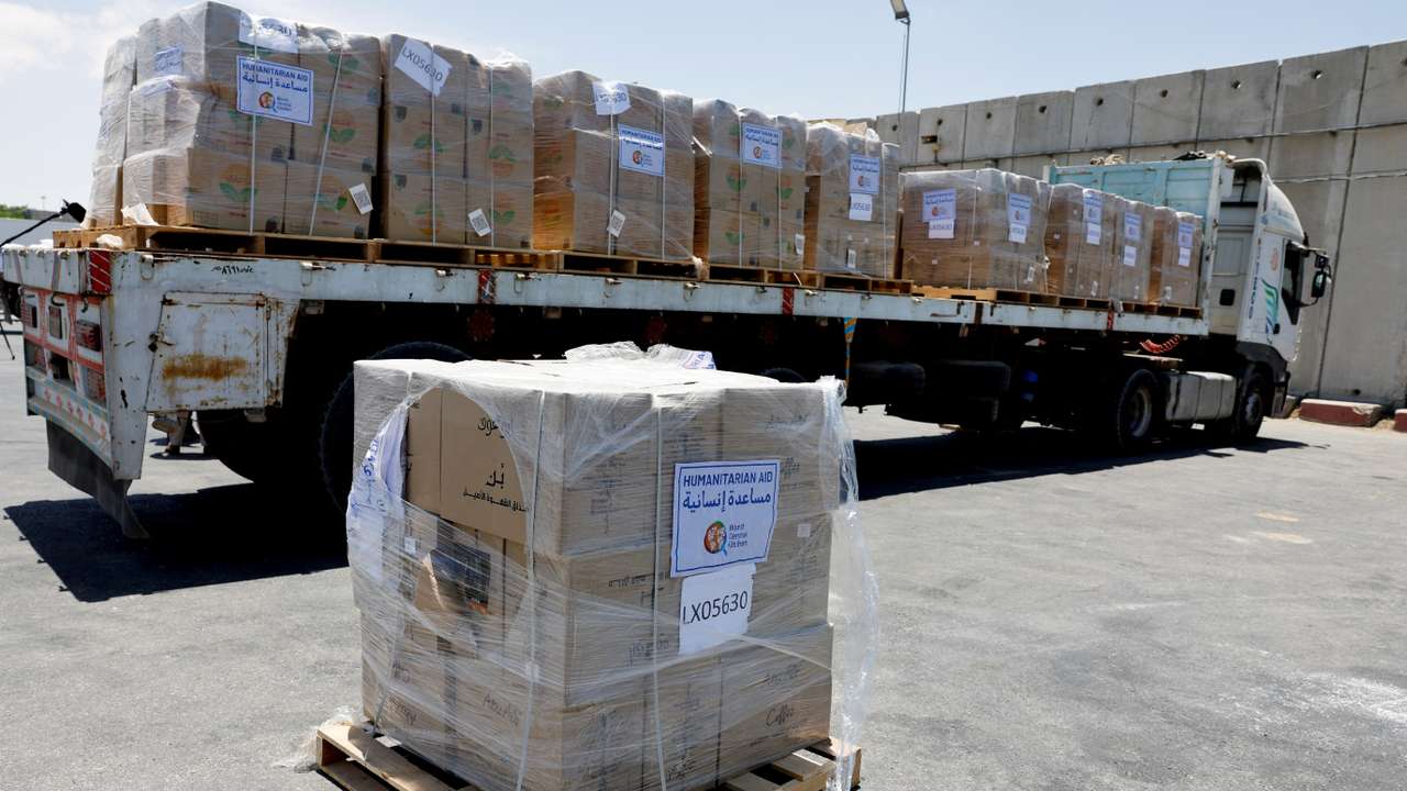 FILE PHOTO: An Egyptian truck carrying humanitarian aid for the Gaza Strip, amid the ongoing conflict in Gaza between Israel and the Palestinian Islamist group Hamas, is seen at the Kerem Shalom crossing in southern Israel
