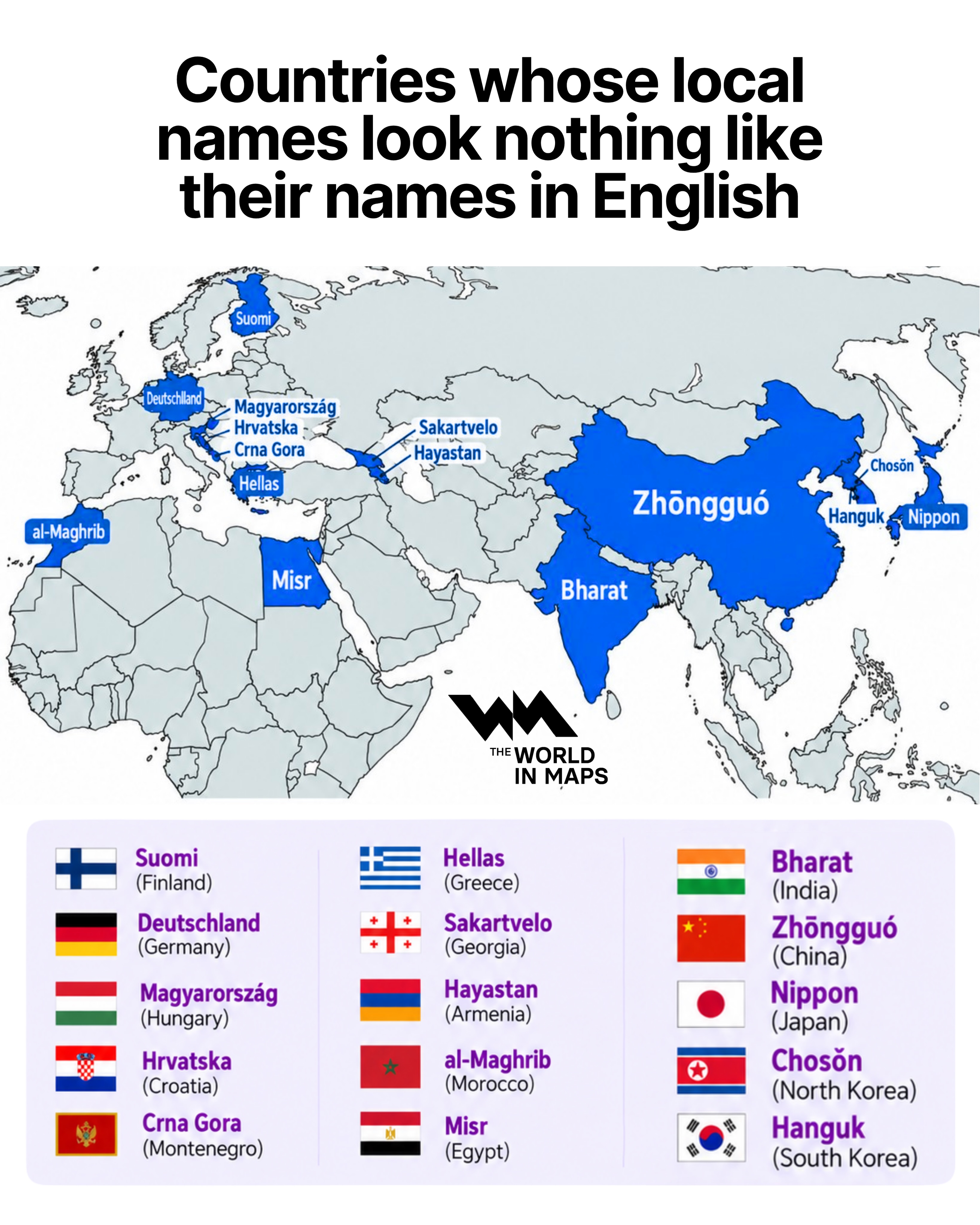 From Suomi to Zhongguo, why some countries have completely different names at home