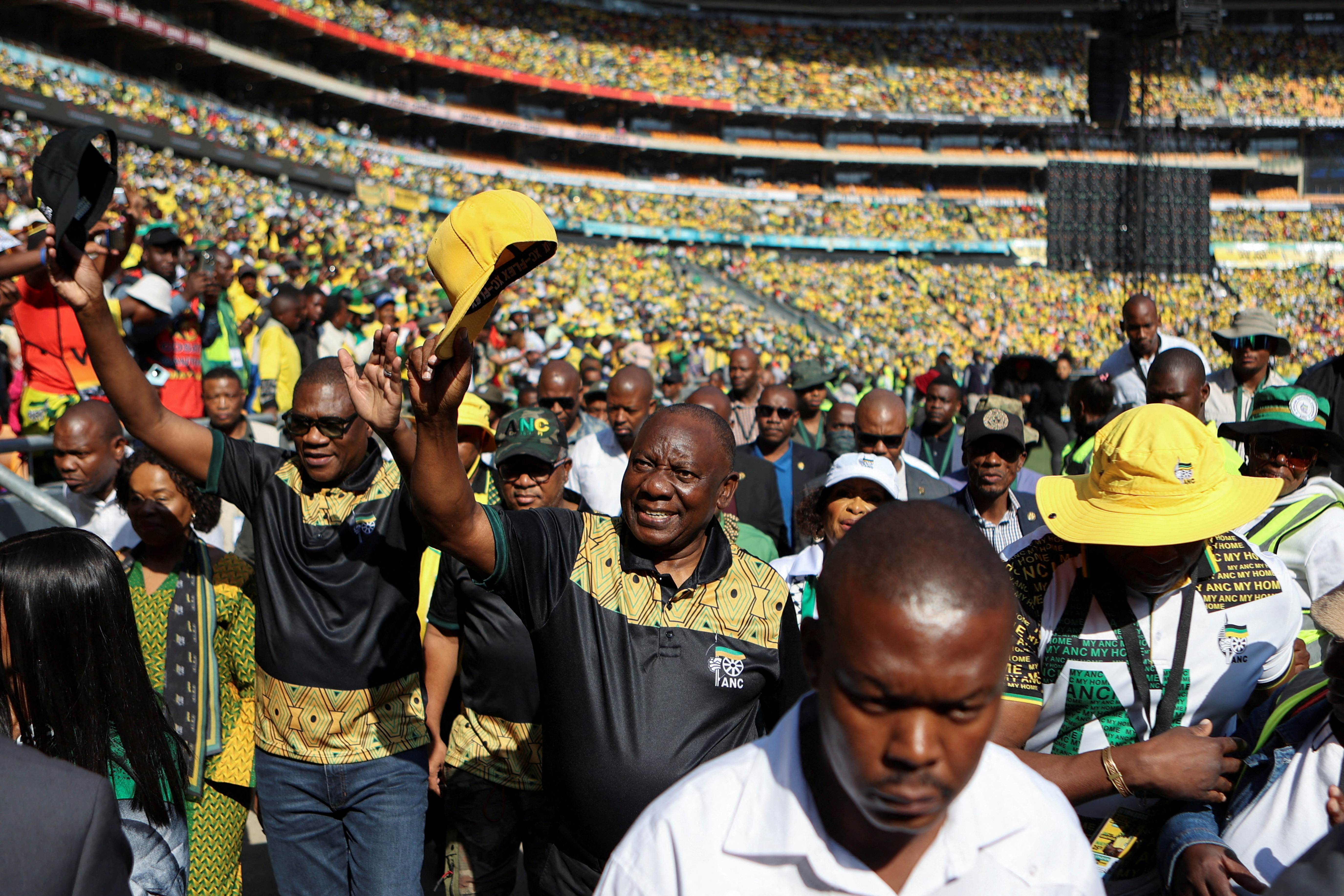 FILE PHOTO: President of the ANC Cyril Ramaphosa arrives at the political party's final rally ahead of the upcoming election at FNB stadium in Johannesburg