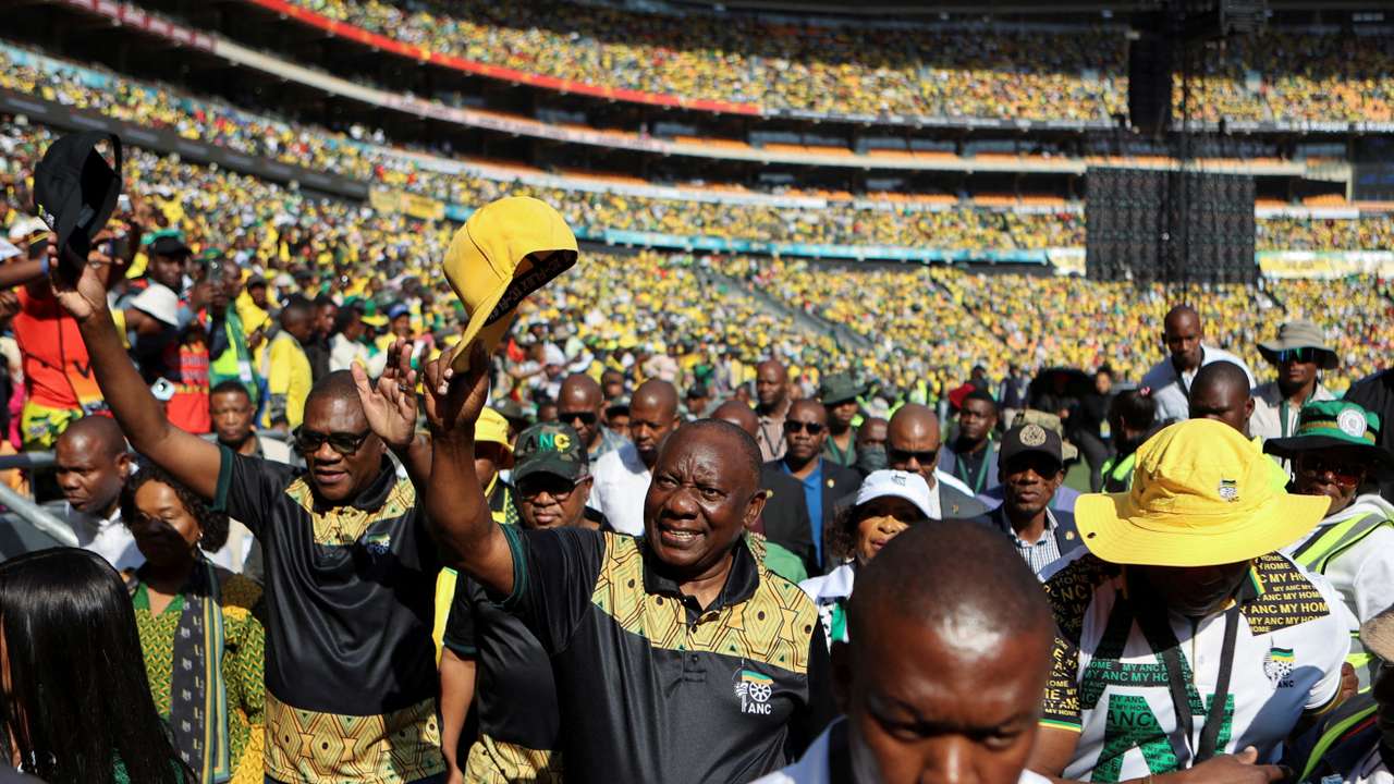 FILE PHOTO: President of the ANC Cyril Ramaphosa arrives at the political party's final rally ahead of the upcoming election at FNB stadium in Johannesburg