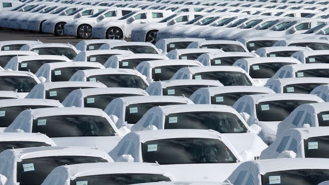 New cars are seen parked in the port of Zeebrugge