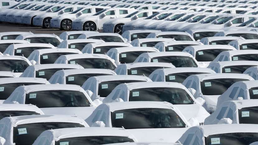 New cars are seen parked in the port of Zeebrugge