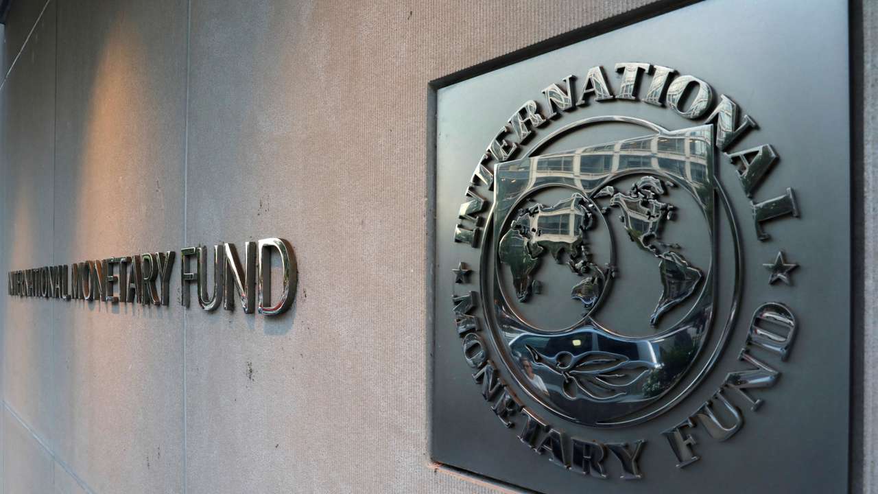 IMF logo is seen outside the headquarters building in Washington