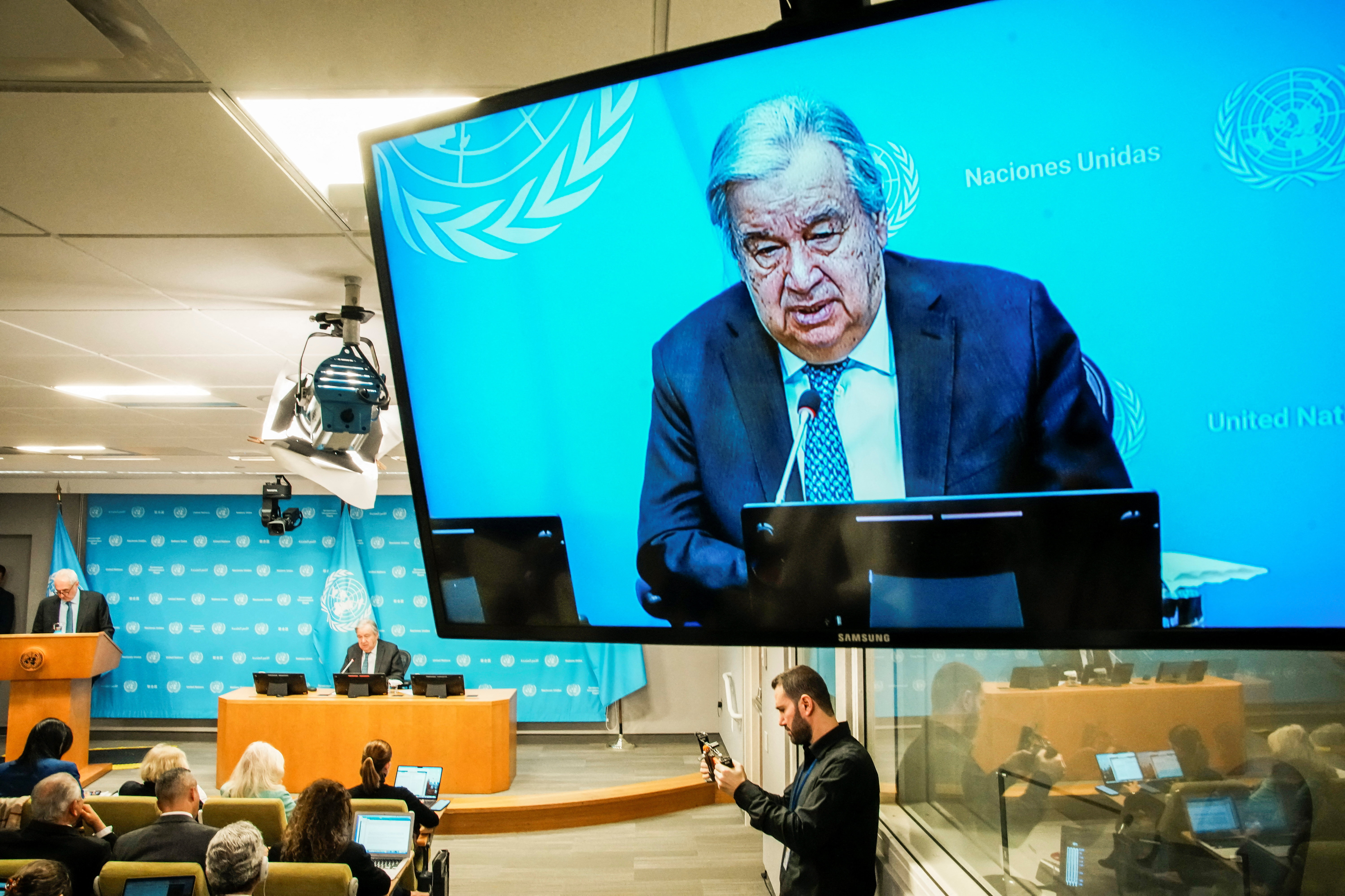 United Nations Secretary-General Antonio Guterres speaks during a press conference in New York
