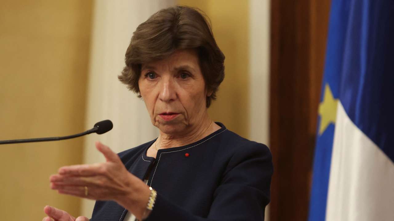French Foreign Minister Catherine Colonna gestures as she speaks during a press conference at the Pine Residence in Beirut