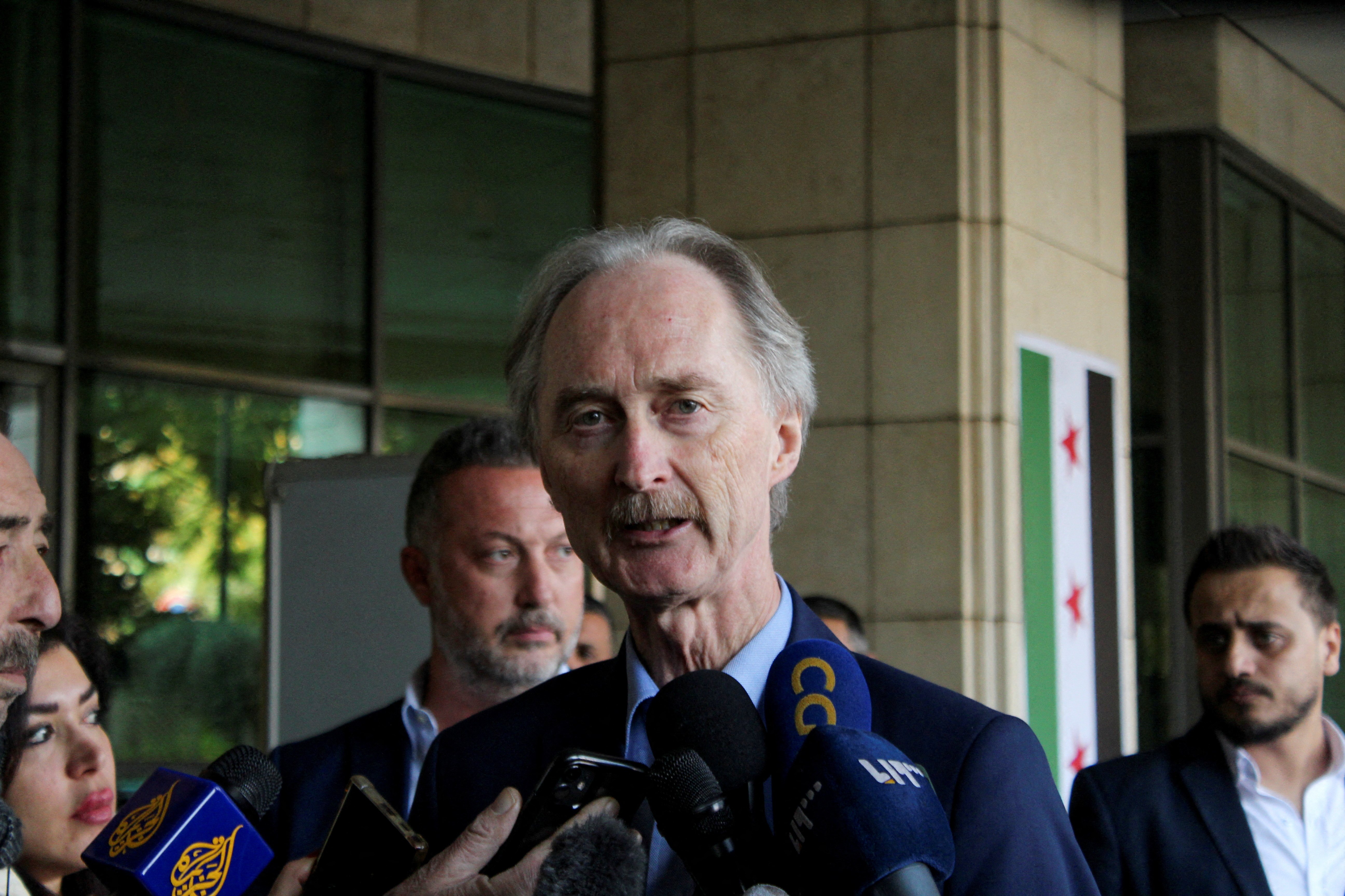 FILE PHOTO: Geir Pedersen, UN Special envoy to Syria, talks to media before departing Damascus