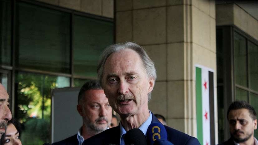 FILE PHOTO: Geir Pedersen, UN Special envoy to Syria, talks to media before departing Damascus