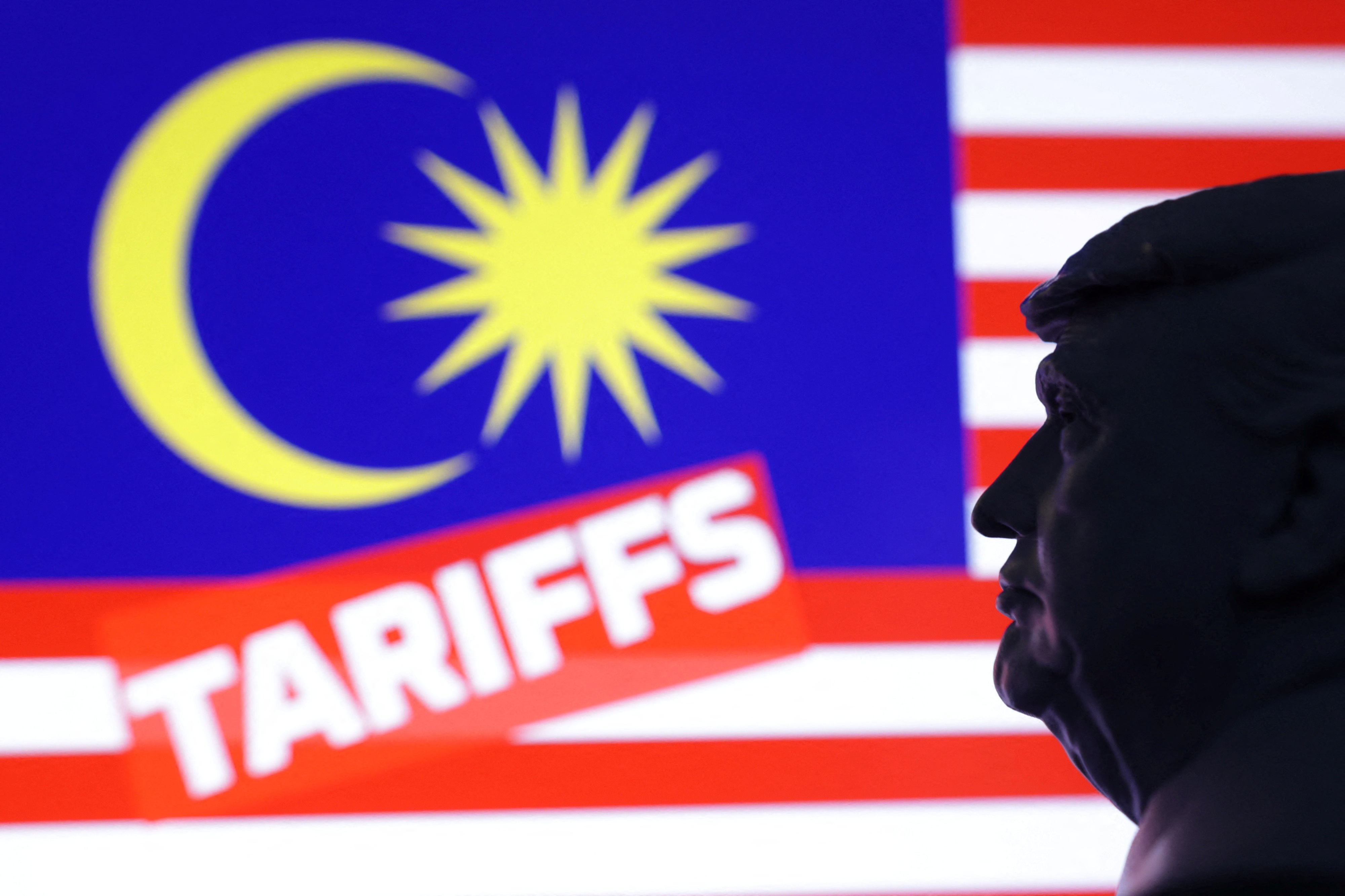 Illustration shows 3D-printed miniature model of U.S. President Donald Trump, Malaysia flag and word "Tariffs\